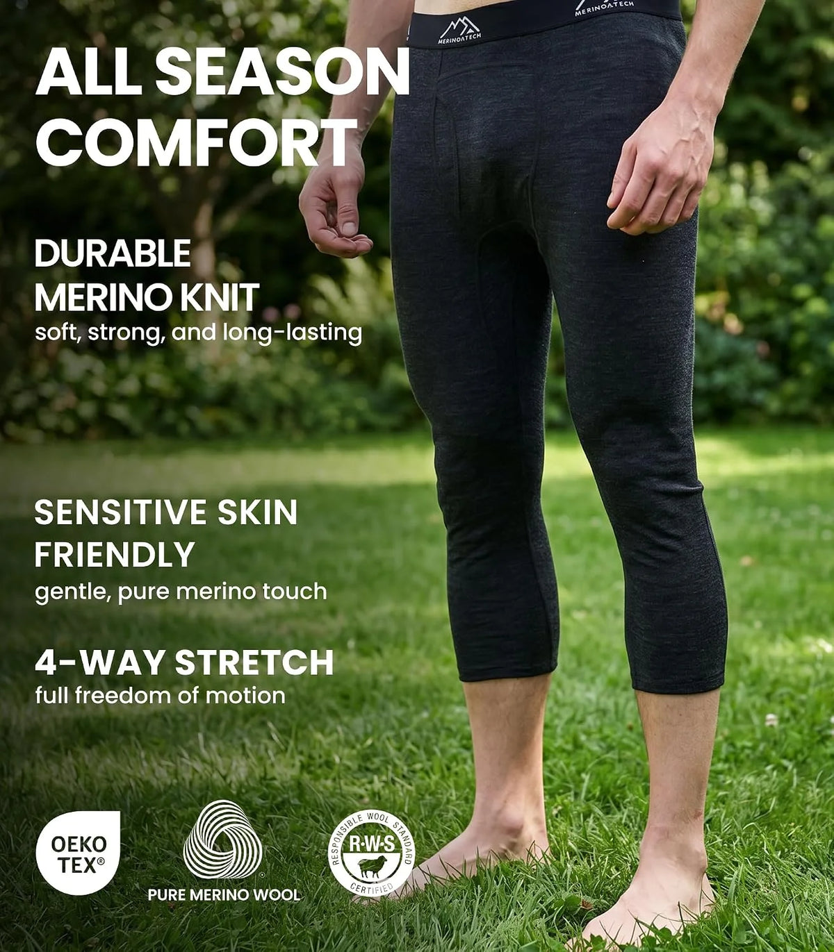 100% Merino Wool Base Layer Mens Long Johns - Thermal Underwear Bottoms