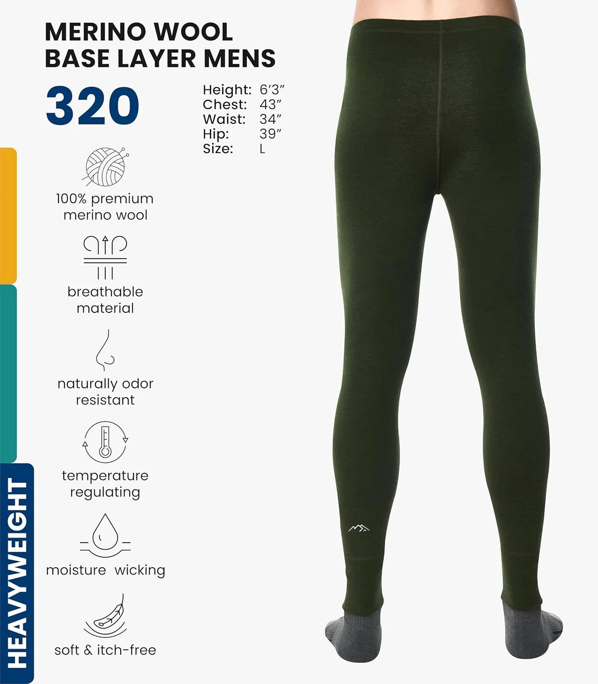 100% Merino Wool Base Layer Mens Pants - Thermal Underwear Long Johns