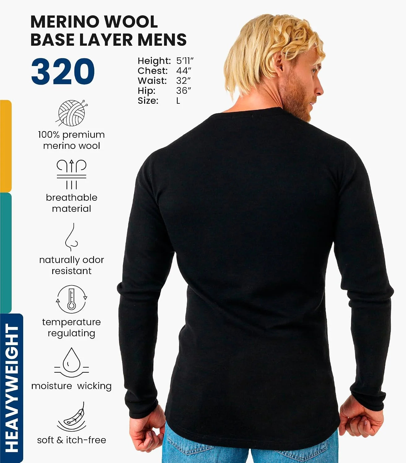 100% Merino Wool Base Layer Mens - Long Sleeve Thermal Shirts with Socks