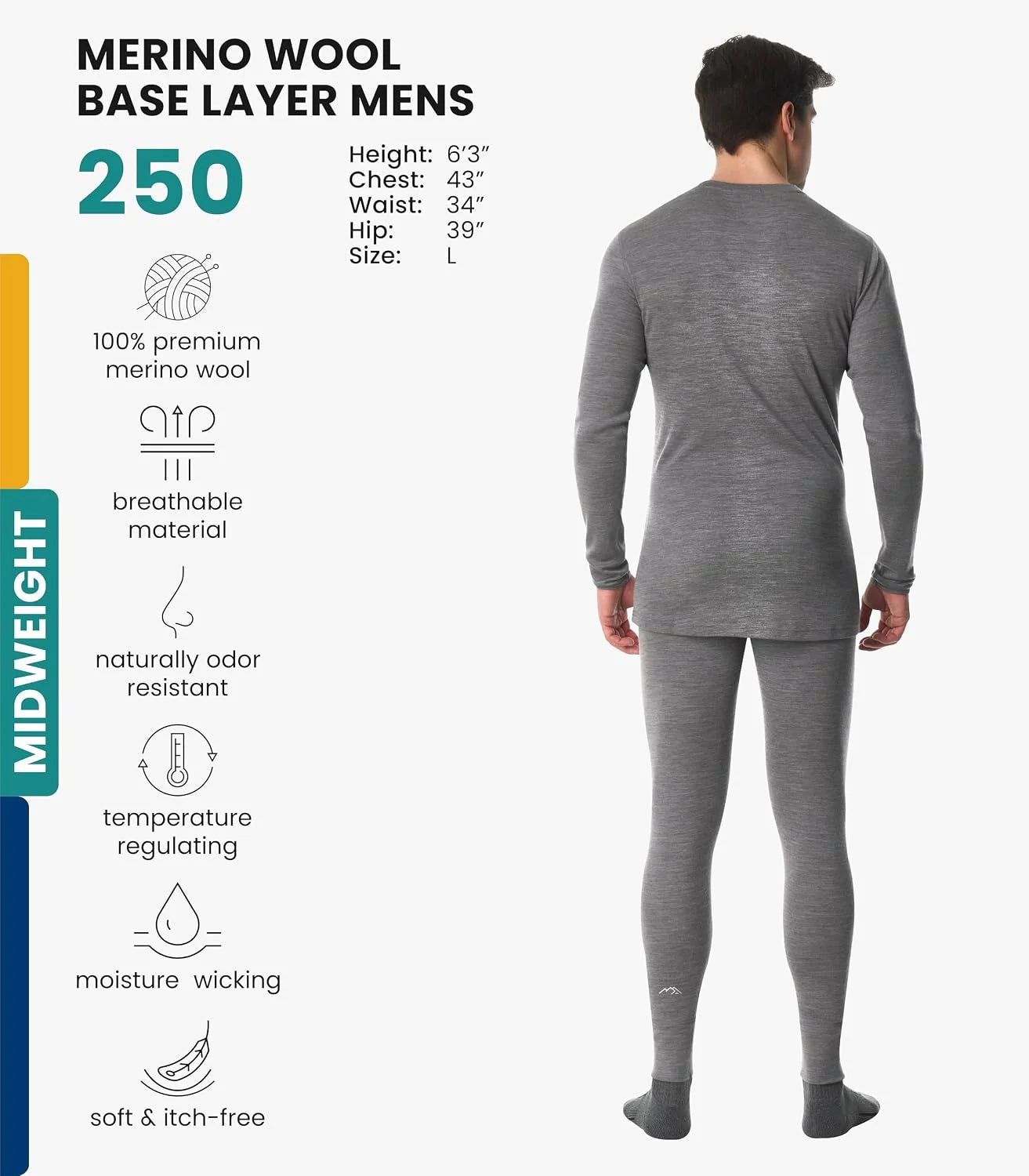 100% Merino Wool Base Layer Men Set - Thermal Underwear for Men Long Johns | Lightweight, Midweight, Heavyweight Long Johns, Naturally Odor-Resistant, Breathable Active Underwear, Hiking, Skiing
