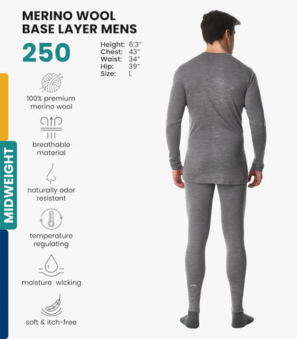 100% Merino Wool Base Layer Men Set - Thermal Underwear for Men Long Johns | Lightweight, Midweight, Heavyweight Long Johns, Naturally Odor-Resistant, Breathable Active Underwear, Hiking, Skiing