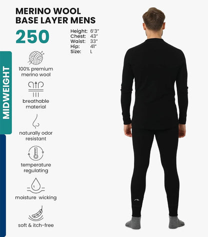 100% Merino Wool Base Layer Men Set - Thermal Underwear for Men Long Johns | Lightweight, Midweight, Heavyweight Long Johns, Naturally Odor-Resistant, Breathable Active Underwear, Hiking, Skiing