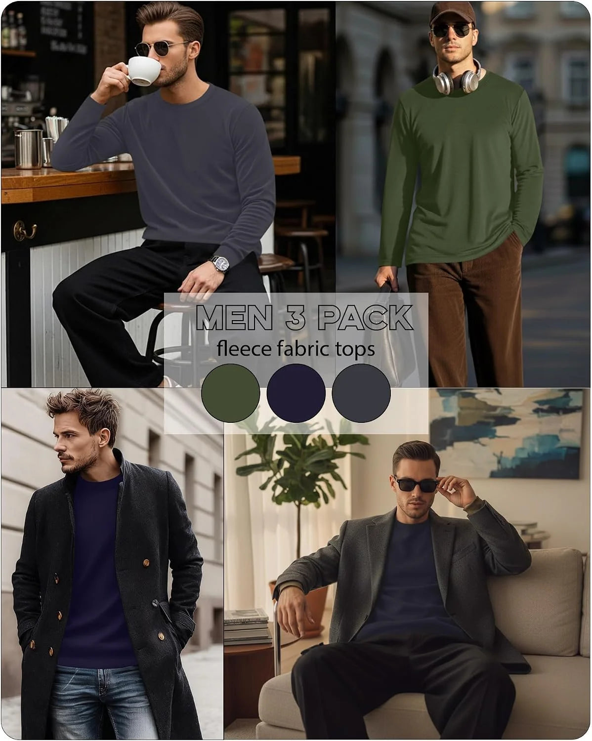 3 Pack Mens Long Sleeve Thermal Shirts Crew Neck Tops