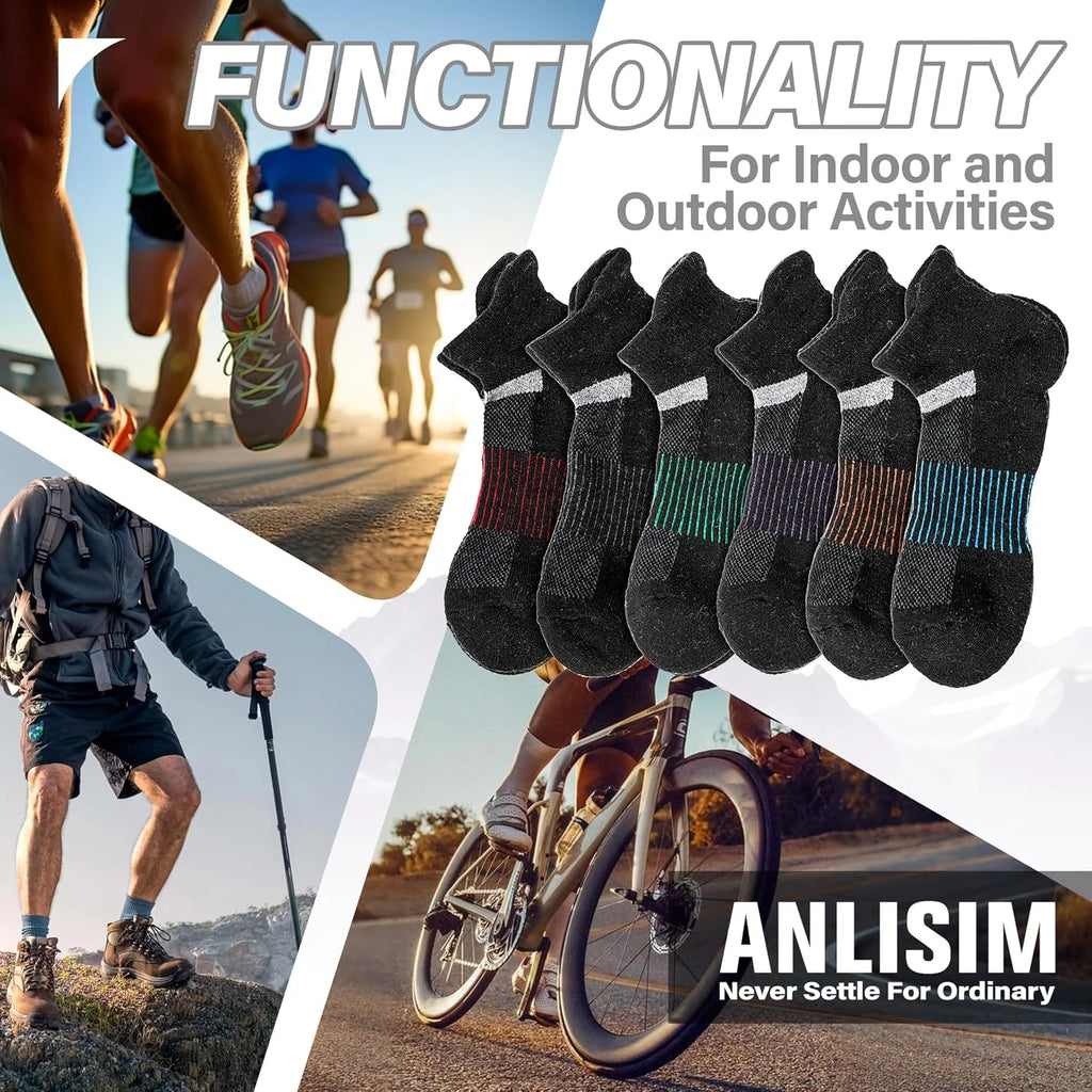 Anlisim Merino Wool Ankle Running Hiking Socks for Women and Men | 6 Pairs, Compression Support, Breathable, Thick Cushion, Enhanced Padding, Moisture Wicking, No Show Socks