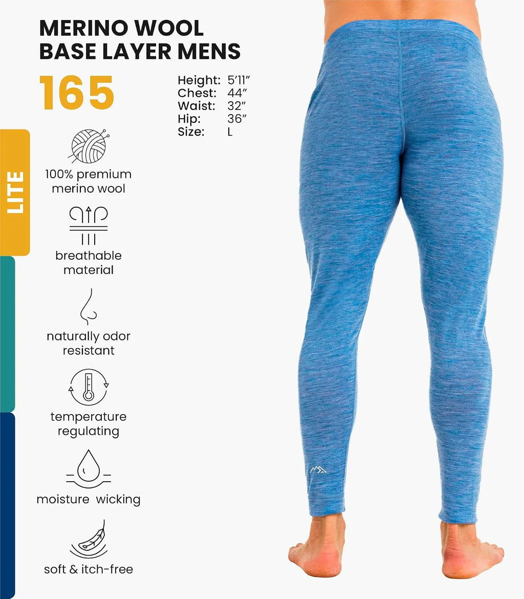 100% Merino Wool Base Layer Mens Pants - Thermal Underwear Long Johns | Lightweight, Midweight, Heavyweight Base Layer, Breathable Leggings, Odor-Resistant Wool, Ideal for Hiking, Skiing, Winter