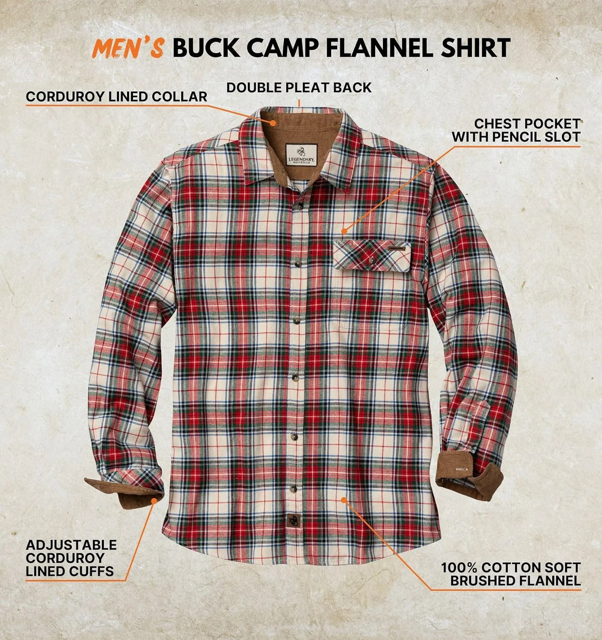 Legendary Whitetails Mens Flannel Long Sleeve Button Down 100% Cotton Shirt