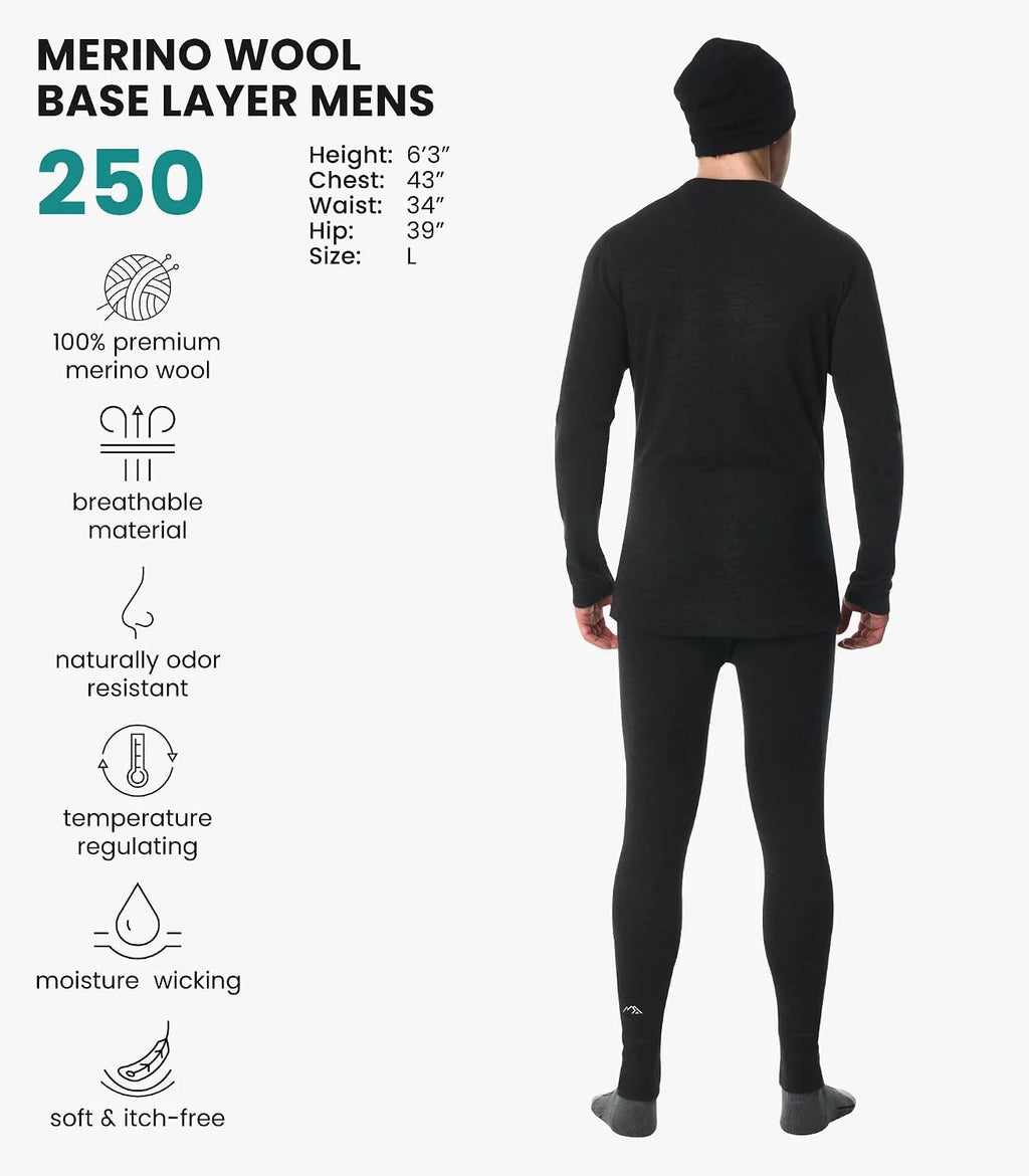 100% Merino Wool Base Layer Men Set - Thermal Underwear for Men Long Johns