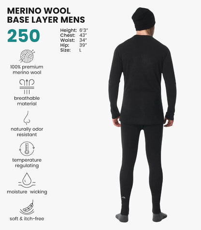 100% Merino Wool Base Layer Men Set - Thermal Underwear for Men Long Johns