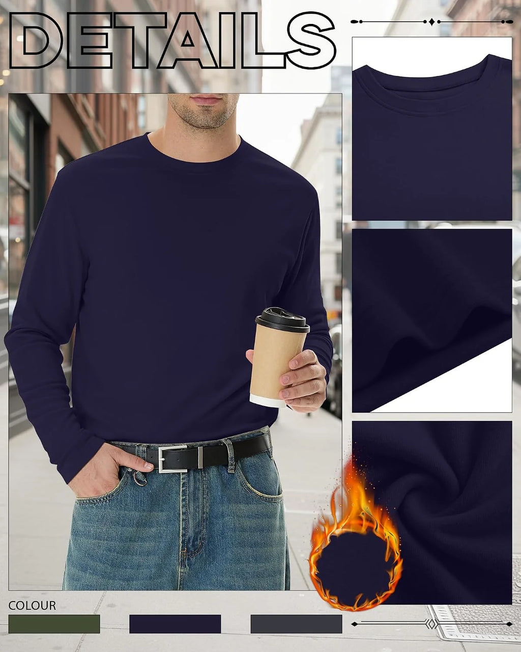 3 Pack Mens Long Sleeve Thermal Shirts Crew Neck Tops