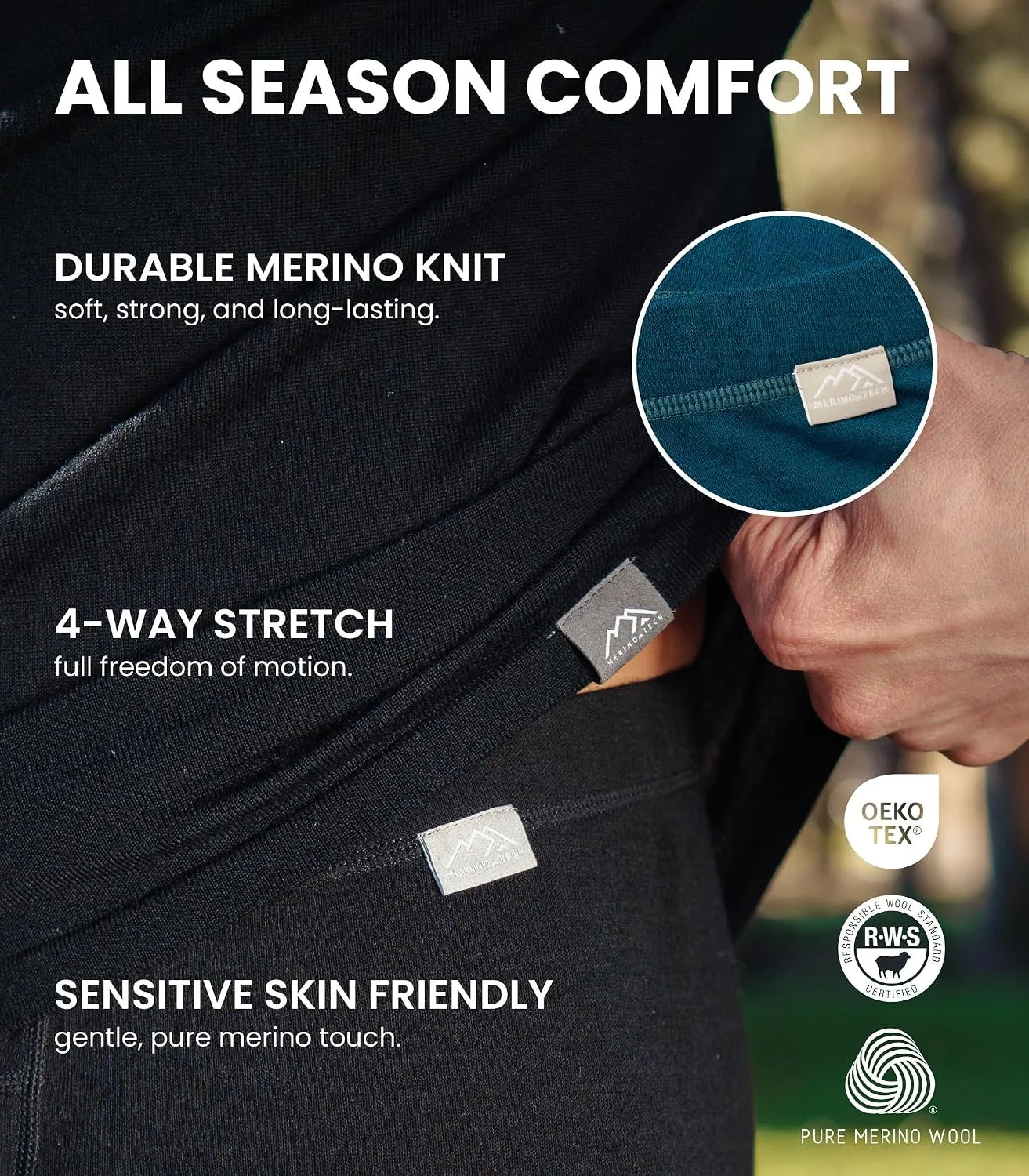 100% Merino Wool Base Layer Mens Pants - Thermal Underwear Long Johns | Lightweight, Midweight, Heavyweight Base Layer, Breathable Leggings, Odor-Resistant Wool, Ideal for Hiking, Skiing, Winter