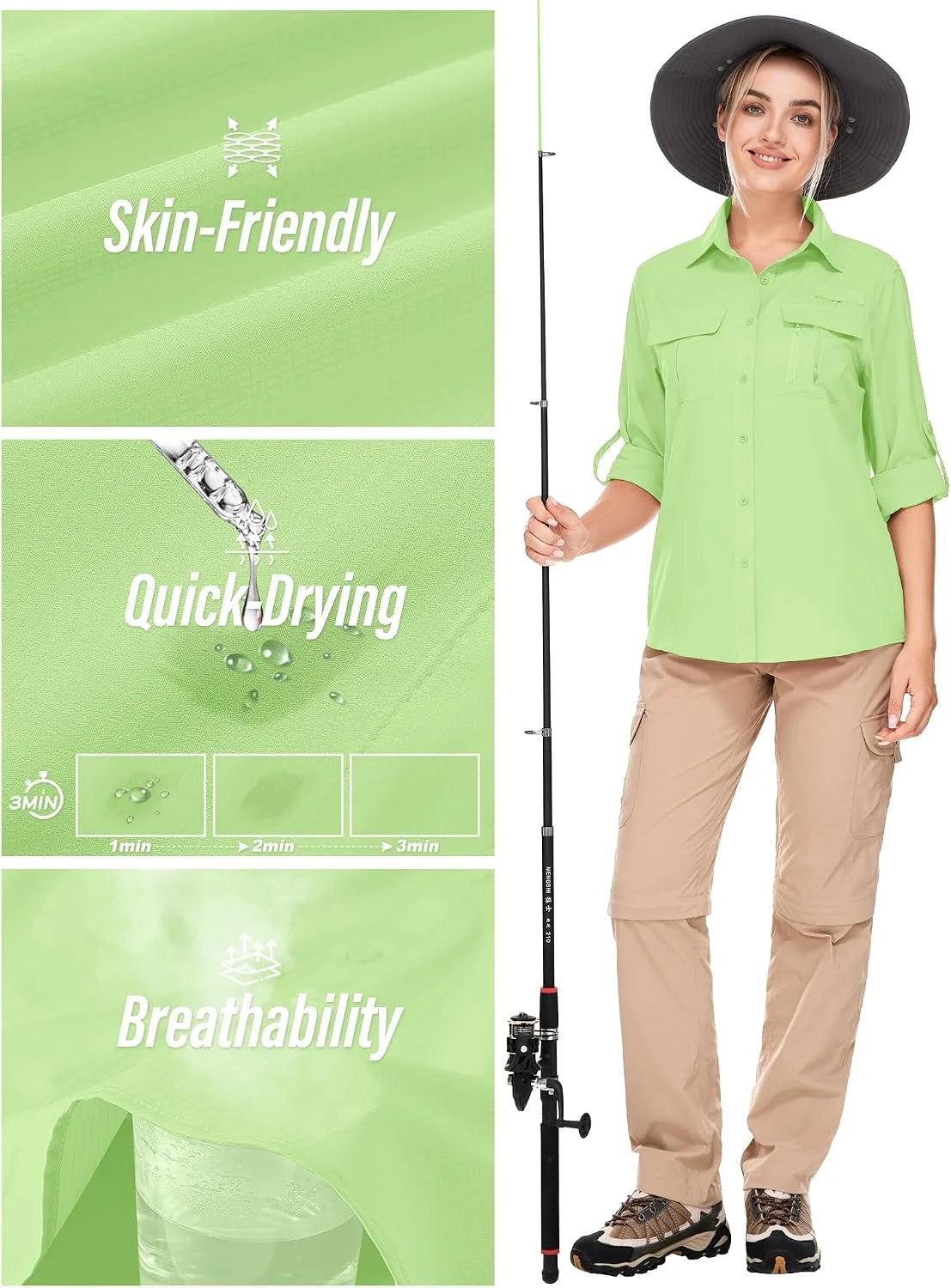 Women's UPF 50 Long Sleeve Sun Protection Safari Fish Hiking Shirts