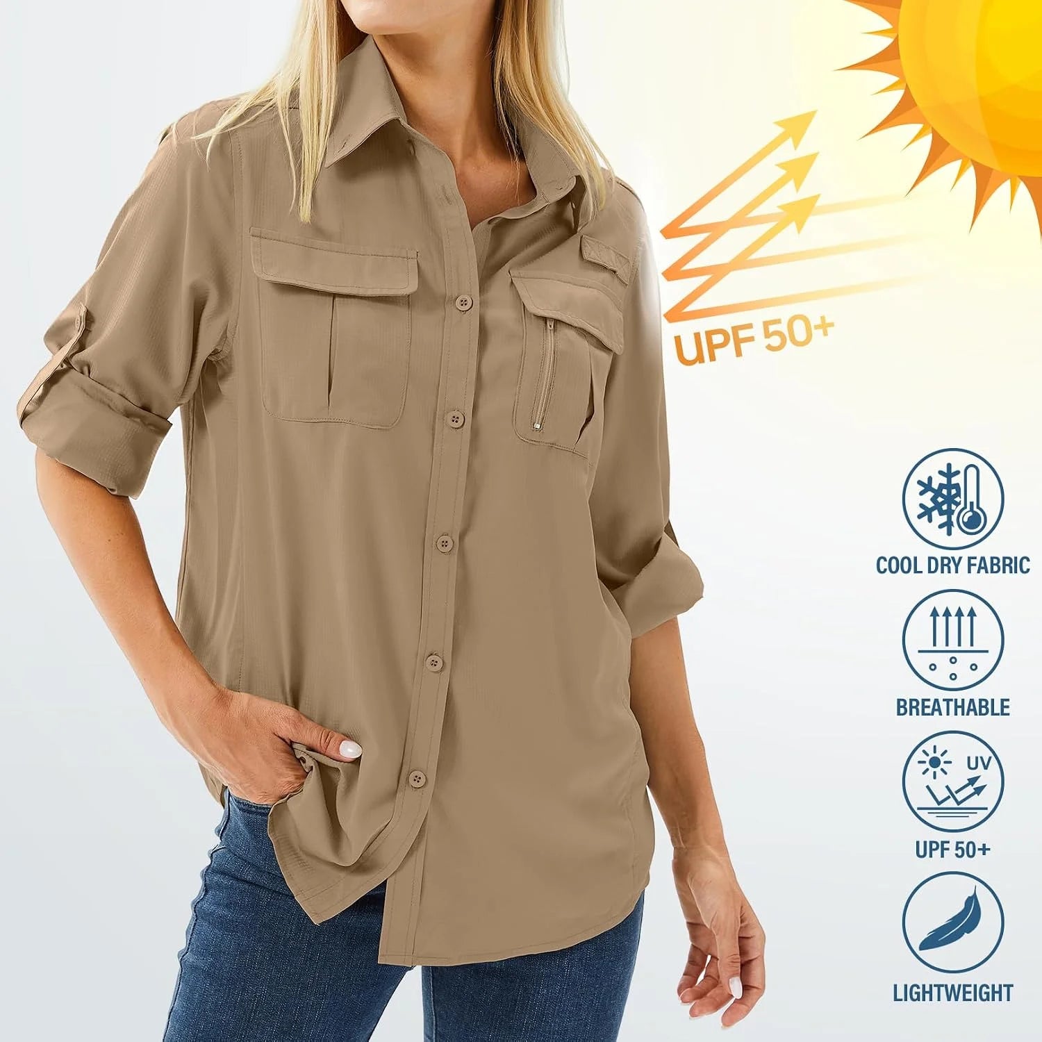 Women's UPF 50 Long Sleeve Sun Protection Safari Fish Hiking Shirts