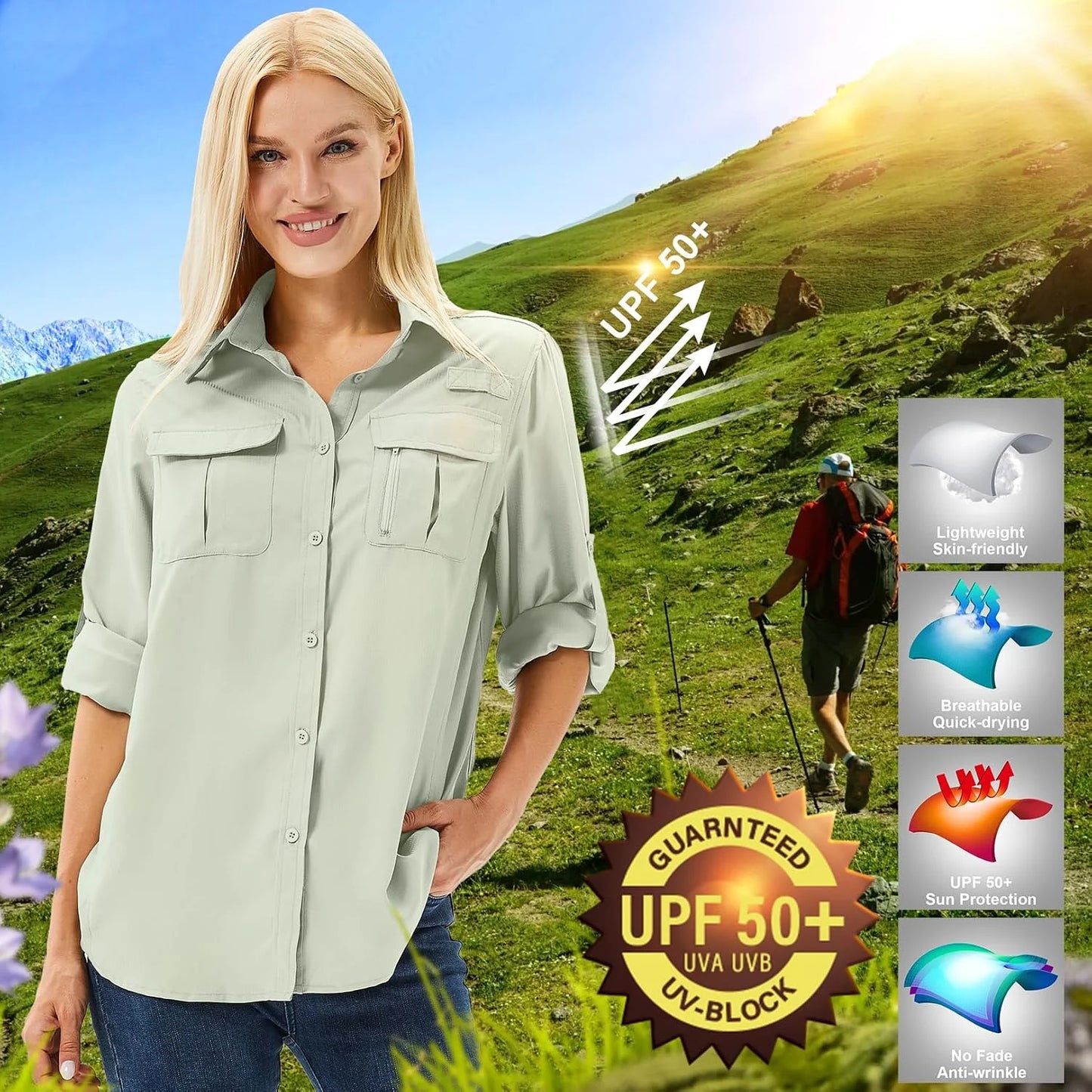 Women's UPF 50 Long Sleeve Sun Protection Safari Fish Hiking Shirts