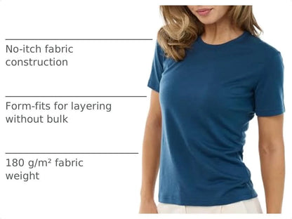 100% Merino Wool Shirt Women - Short Sleeve Tee Base Layer Top Undershirt