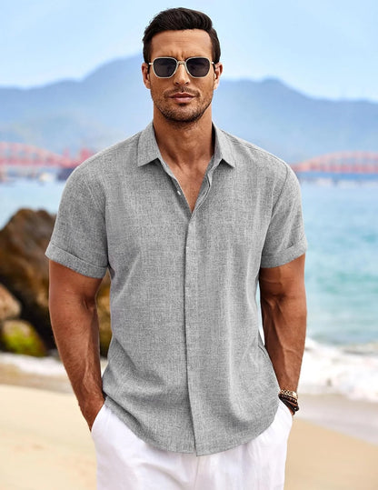 COOFANDY Men's Linen Shirts Short Sleeve Casual Shirts Button Down Shirt for Men Beach Summer Wedding Shirt