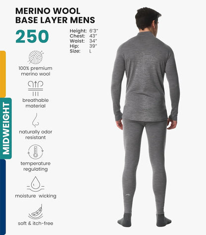 100% Merino Wool Base Layer Men Set - Thermal Underwear for Men Long Johns