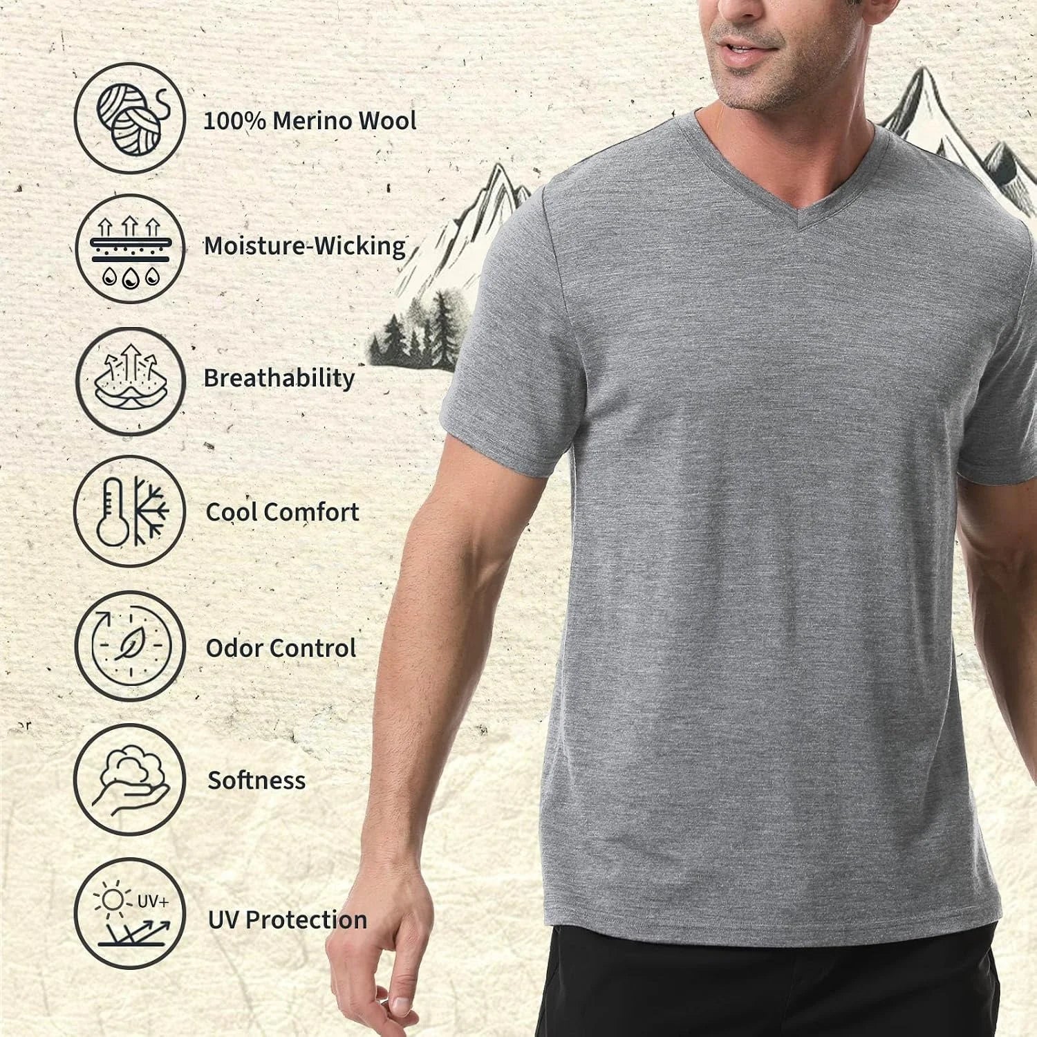 Merino Protect 100% Merino Wool V-Neck T Shirts for Men Odor Resistance Base Layer Hiking Travel T-Shirt Soft Undershirt