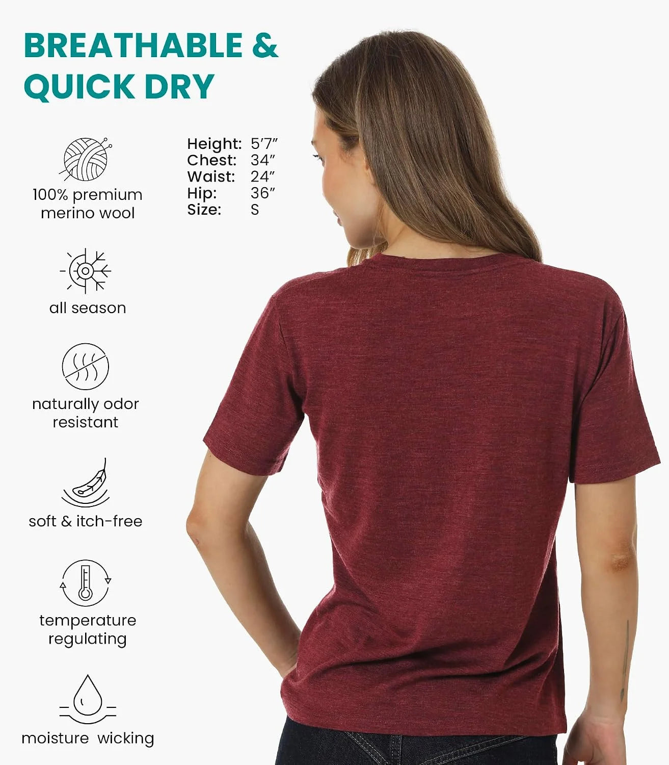 100% Merino Wool Shirt Women - Short Sleeve Tee Base Layer Top Undershirt
