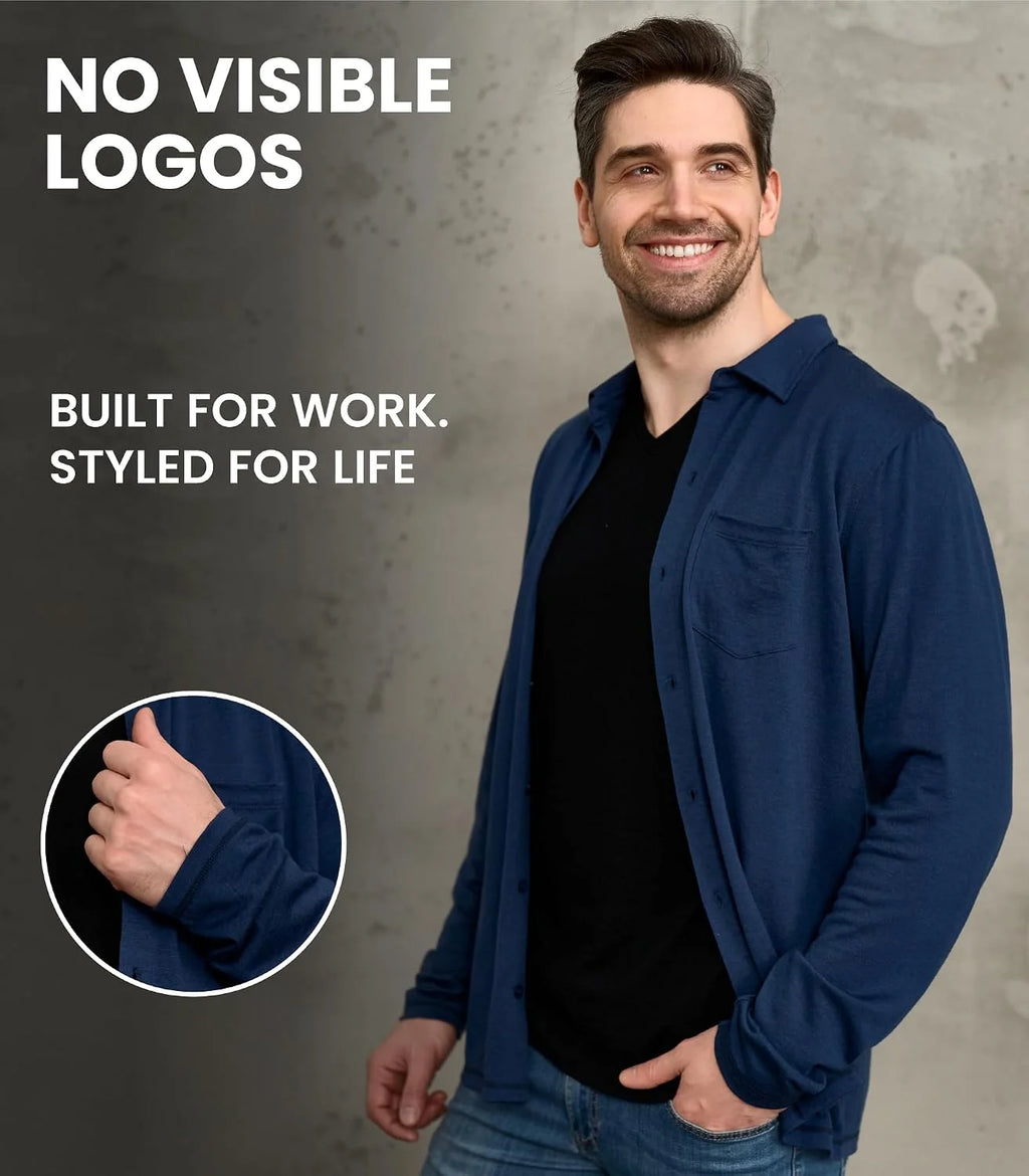 100% Merino Wool Button Up Shirt Men - Long & Short Sleeve Breathable