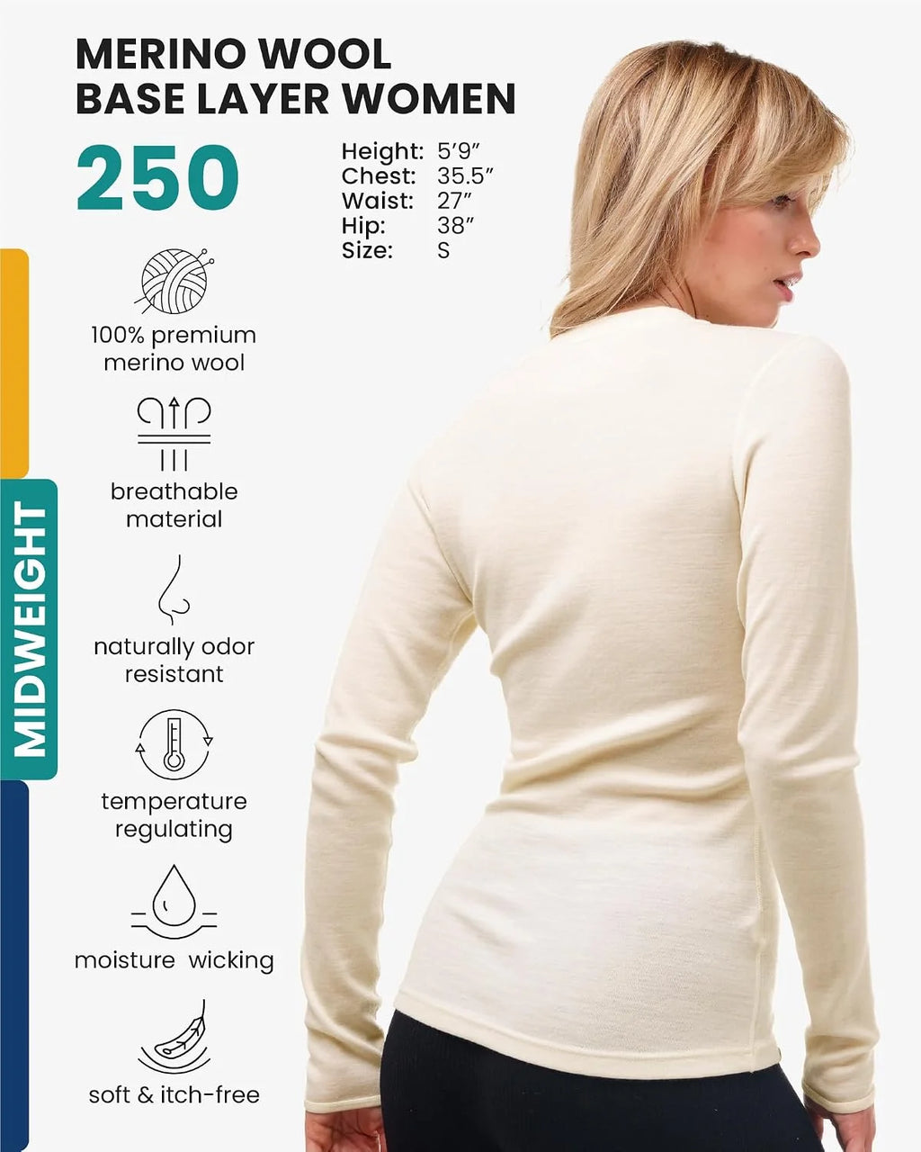 100% Merino Wool Base Layer Women - Long Sleeve Thermal Shirt with Socks