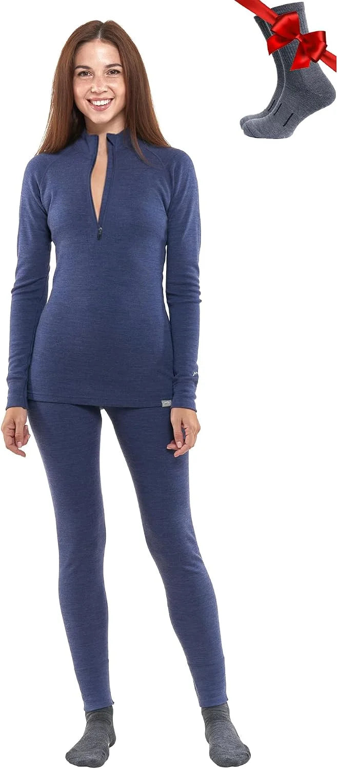 100% Merino Wool Base Layer Women Set - Thermal Underwear Women Top, Bottom | Lightweight, Midweight, Heavyweight Base Layer, Moisture-Wicking, Breathable Active Underwear, Hiking, Skiing, Camping