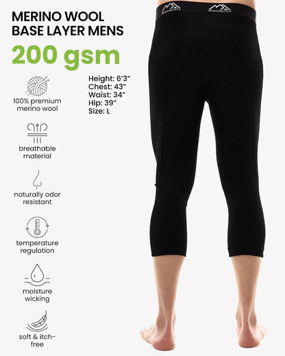 100% Merino Wool Base Layer Mens Long Johns - Thermal Underwear Bottoms | Long and 3/4 Length Thermal Leggins, Breathable, Naturally Odor-Resistant, Ideal for Hiking, Running, Everyday Wear
