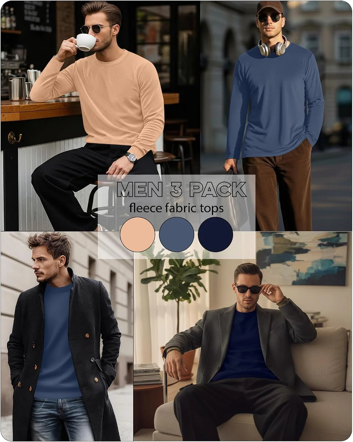 3 Pack Mens Thermal Shirts | Long Sleeve Sweatshirt, Crew Neck, Thermal Tops, Thick, Pullover, Basic, Casual, Warm, Winter Shirts