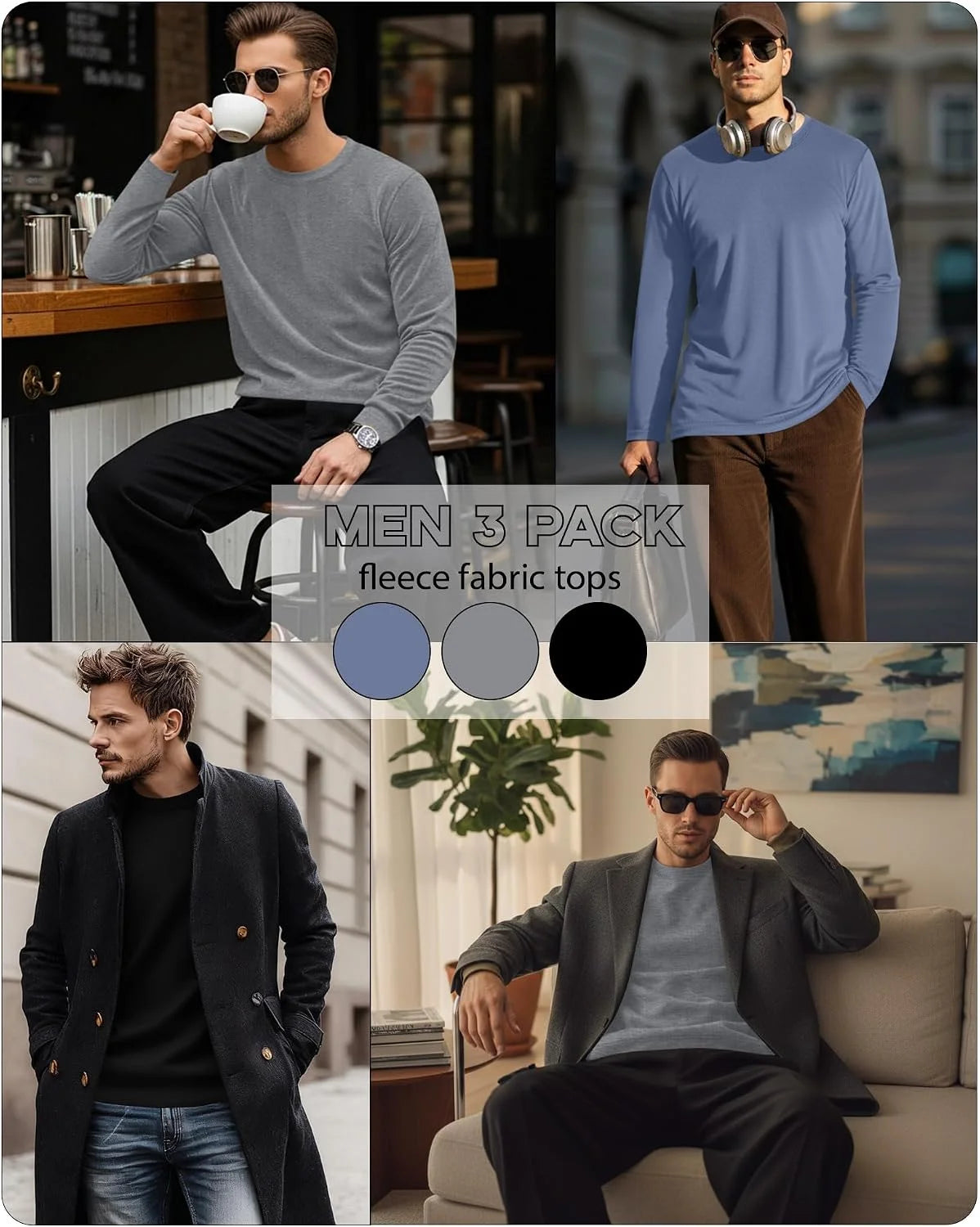 3 Pack Mens Long Sleeve Thermal Shirts Crew Neck Tops