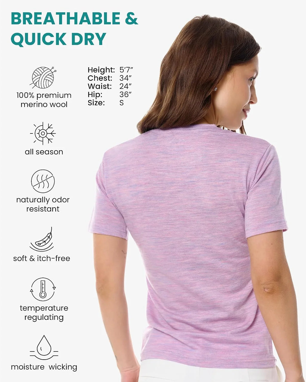 100% Merino Wool Shirt Women - Short Sleeve Tee Base Layer Top Undershirt