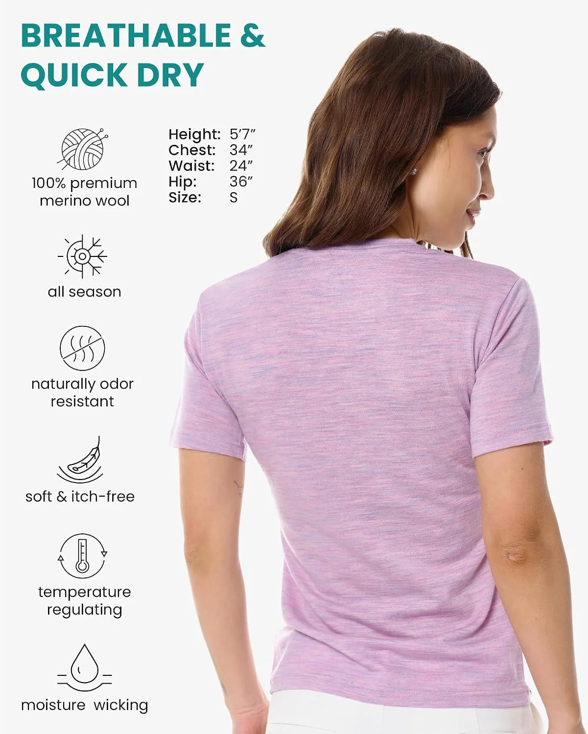 100% Merino Wool Shirt Women - Short Sleeve Tee Base Layer Top Undershirt
