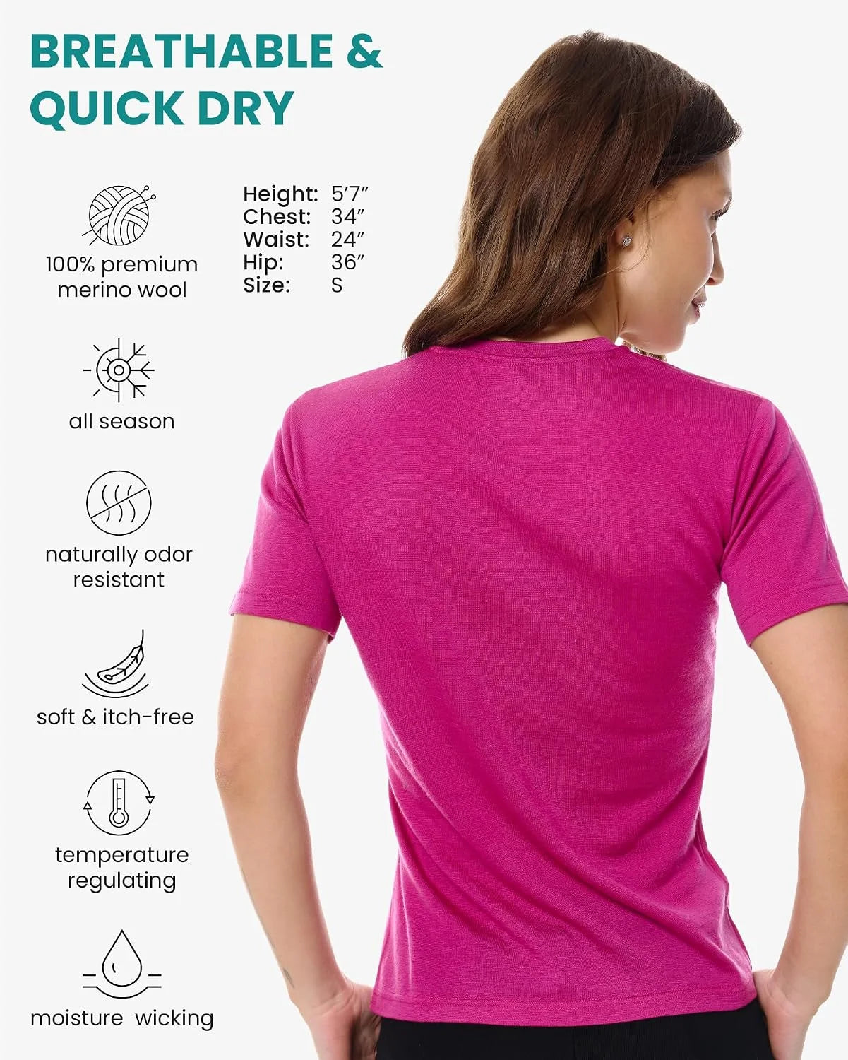 100% Merino Wool Shirt Women - Short Sleeve Tee Base Layer Top Undershirt