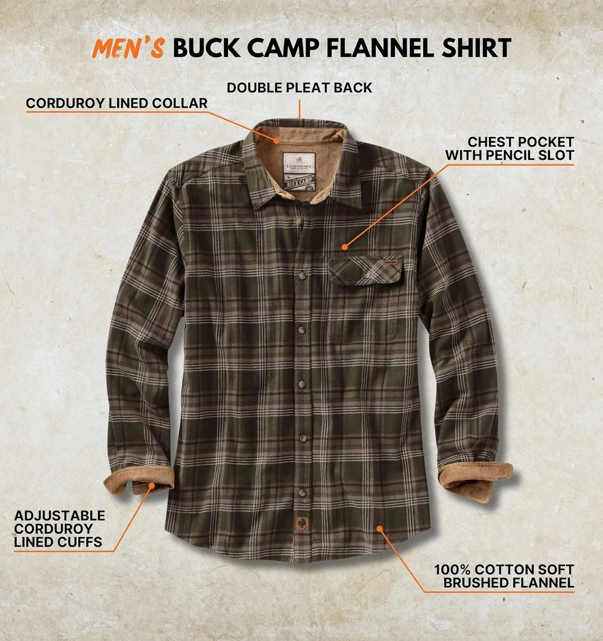 Legendary Whitetails Mens Flannel Long Sleeve Button Down 100% Cotton Shirt