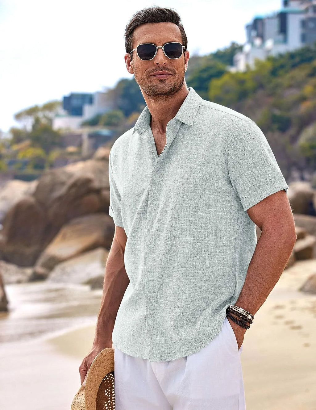 COOFANDY Men's Linen Shirts Short Sleeve Casual Shirts Button Down Shirt for Men Beach Summer Wedding Shirt