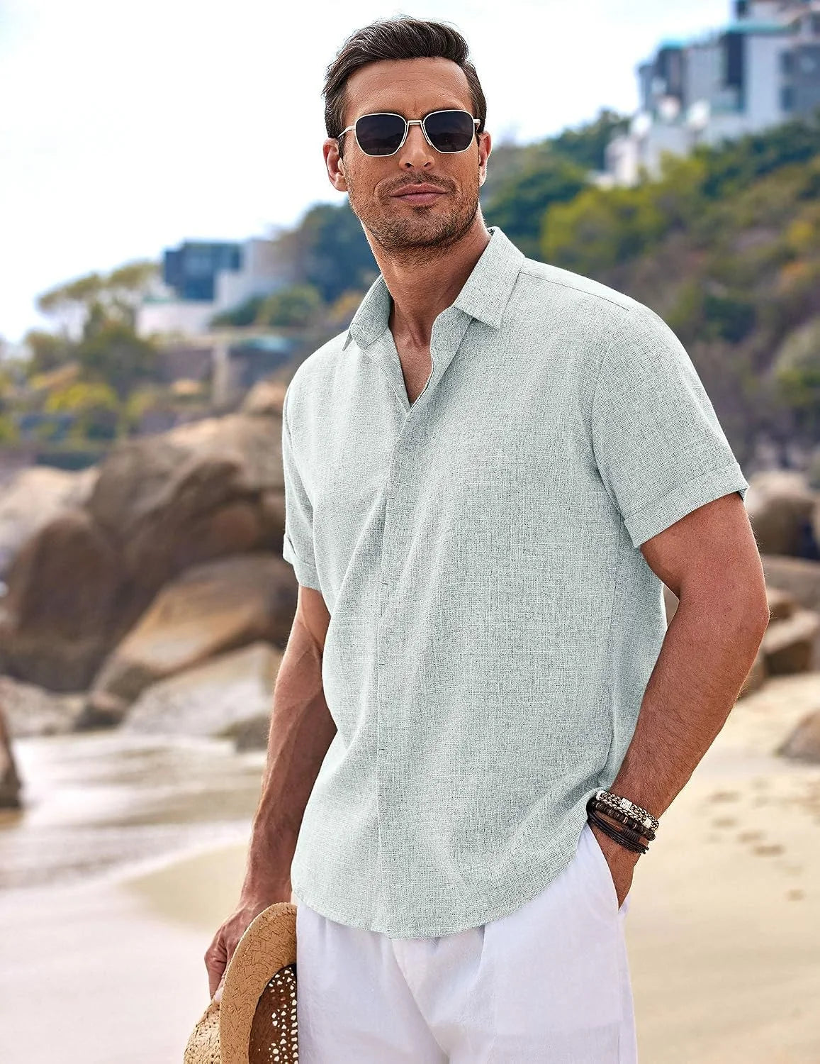 COOFANDY Men's Linen Shirts Short Sleeve Casual Shirts Button Down Shirt for Men Beach Summer Wedding Shirt