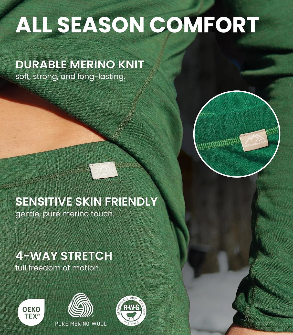 100% Merino Wool Base Layer Mens Pants - Thermal Underwear Long Johns
