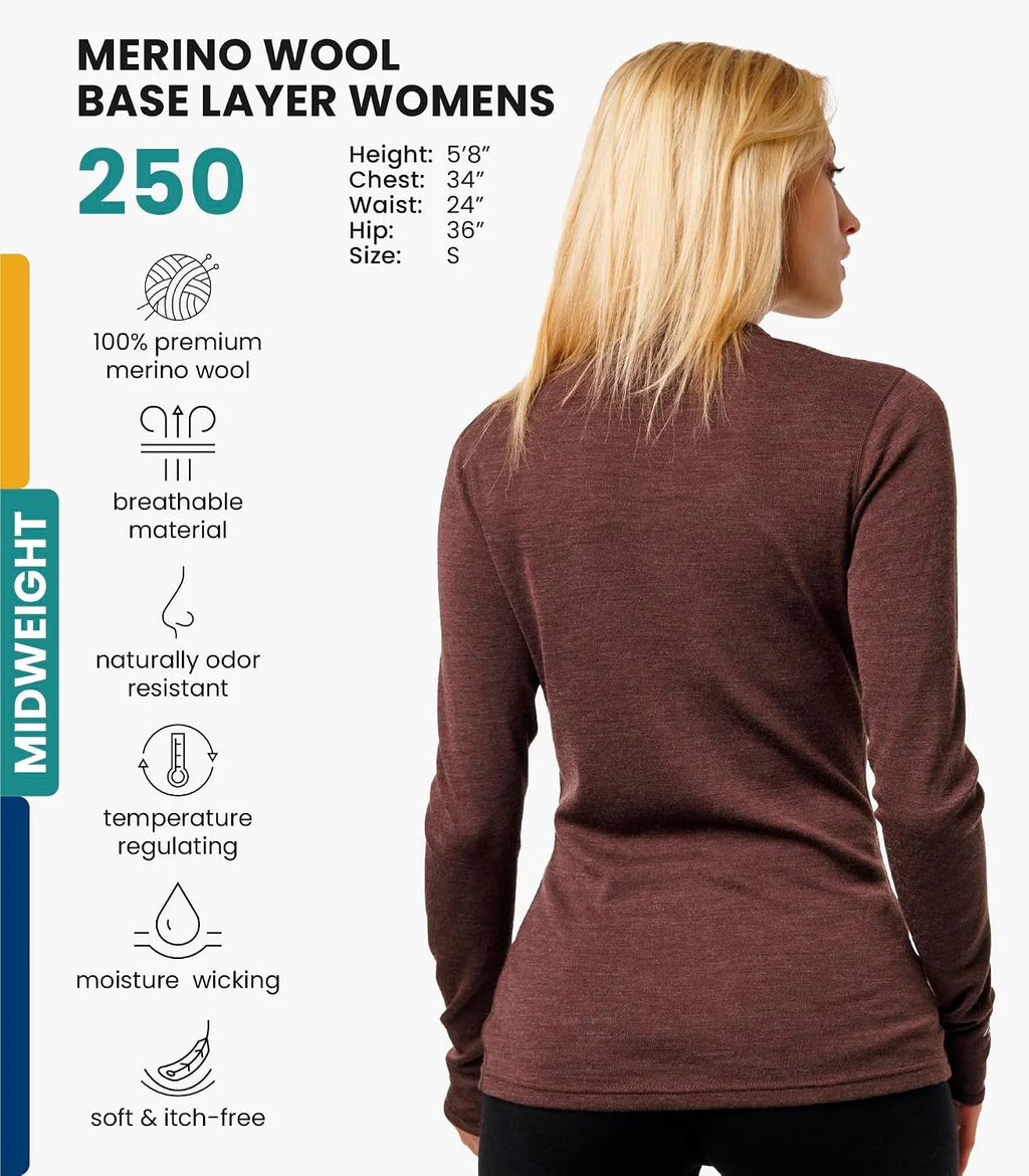 100% Merino Wool Base Layer Women - Long Sleeve Thermal Shirt with Socks