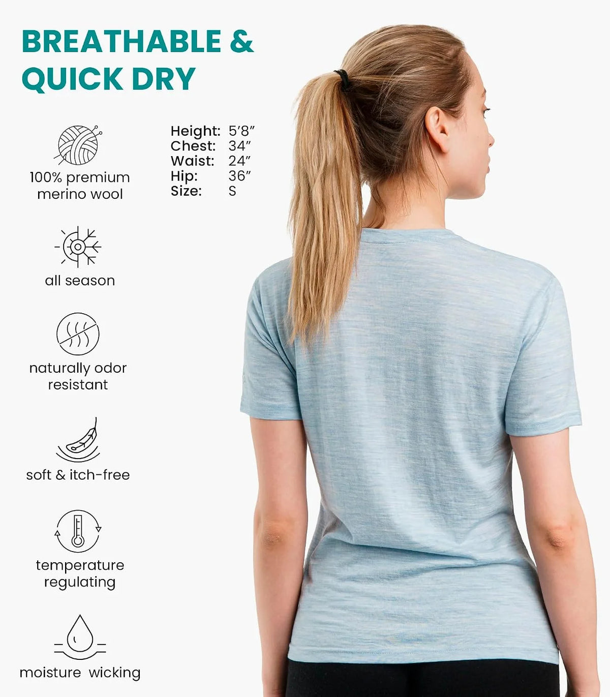 100% Merino Wool Shirt Women - Short Sleeve Tee Base Layer Top Undershirt