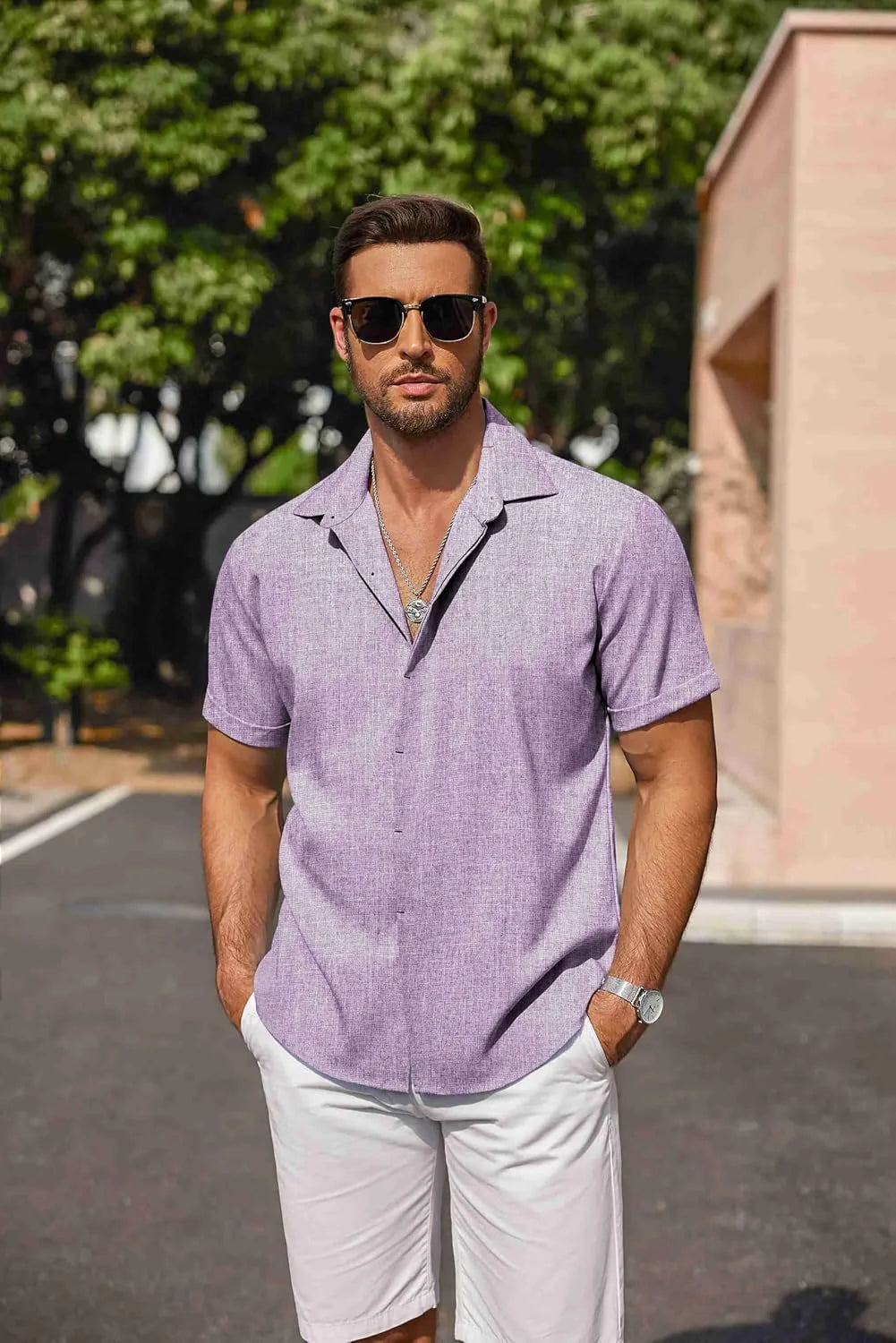 COOFANDY Men's Linen Shirts Short Sleeve Casual Shirts Button Down Shirt for Men Beach Summer Wedding Shirt
