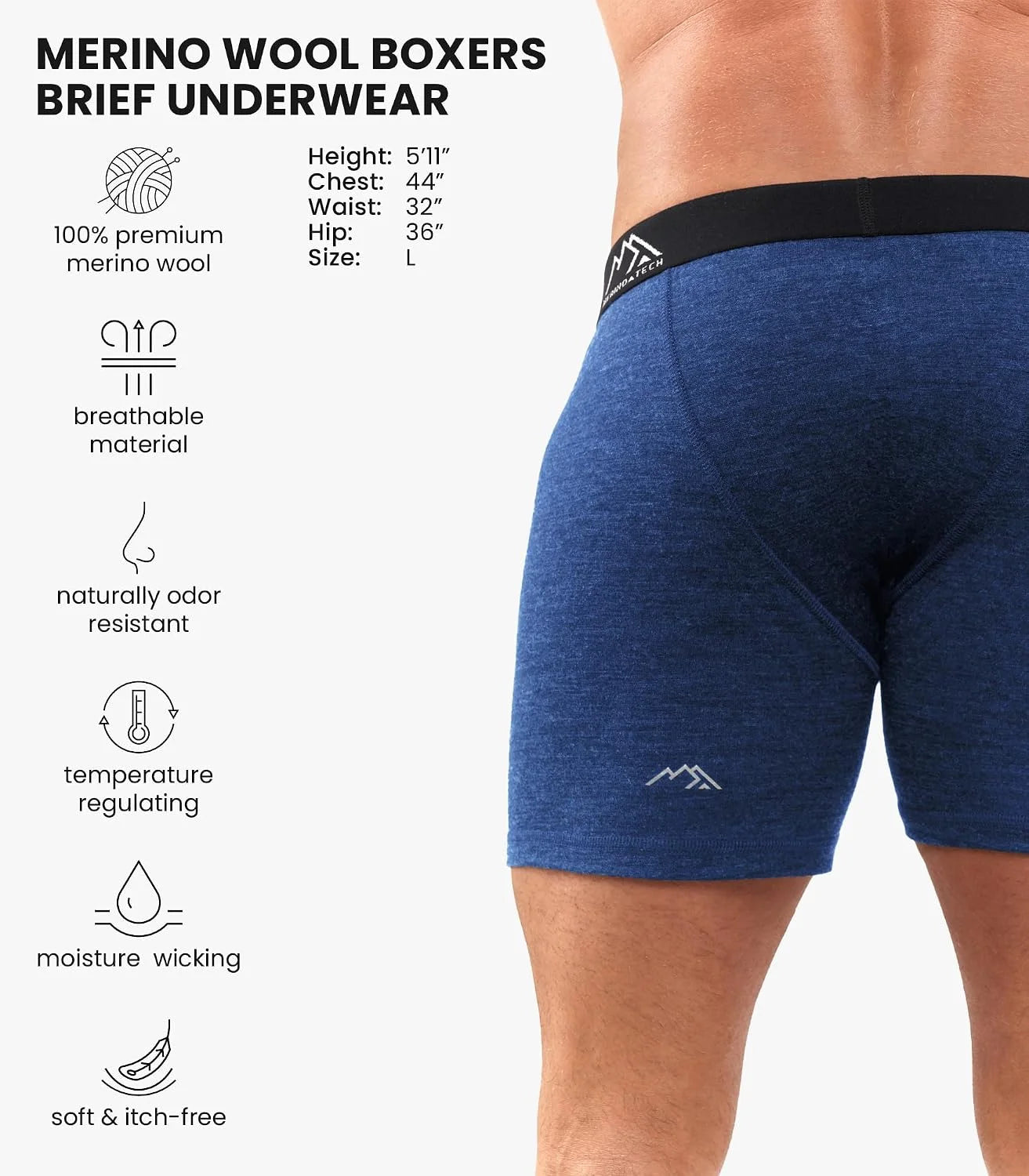100% Merino Wool Underwear Mens - 1-2 Pack Boxer Briefs for Men 17.5um