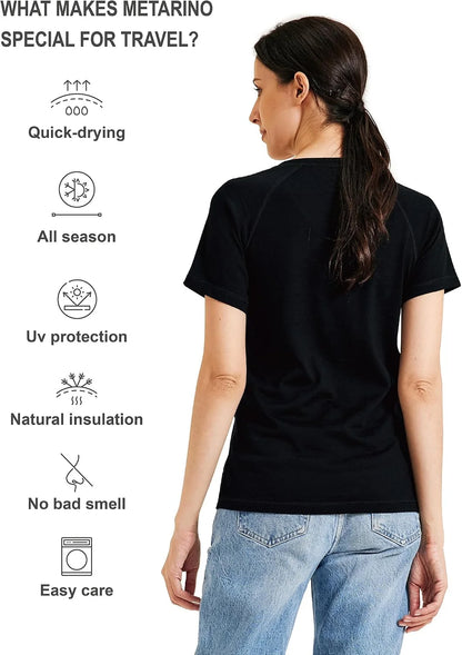 METARINO 100% Merino Wool T-Shirt Women V Neck Short Sleeve Base Layer Tee Shirt for Travel,Hiking,Sports
