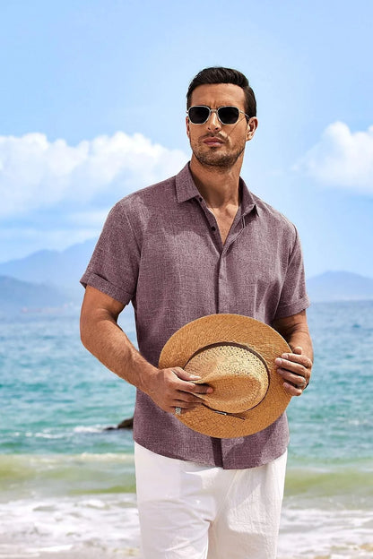COOFANDY Men's Linen Shirts Short Sleeve Casual Shirts Button Down Shirt for Men Beach Summer Wedding Shirt