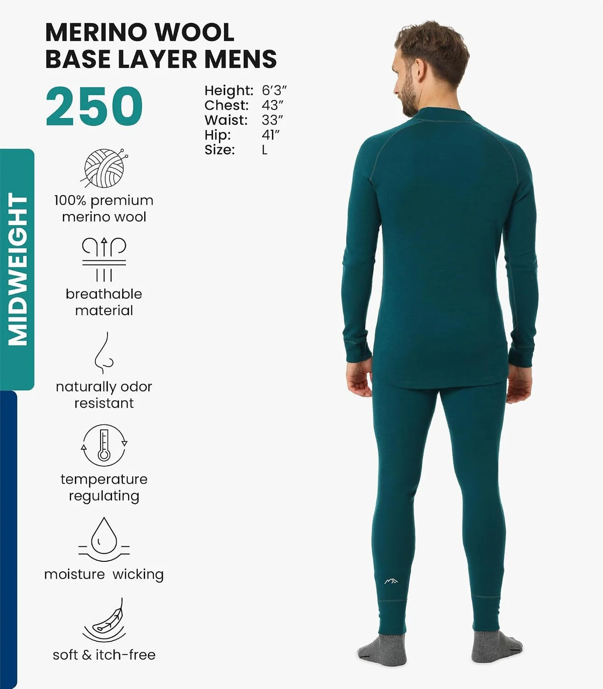 100% Merino Wool Base Layer Men Set - Thermal Underwear for Men Long Johns