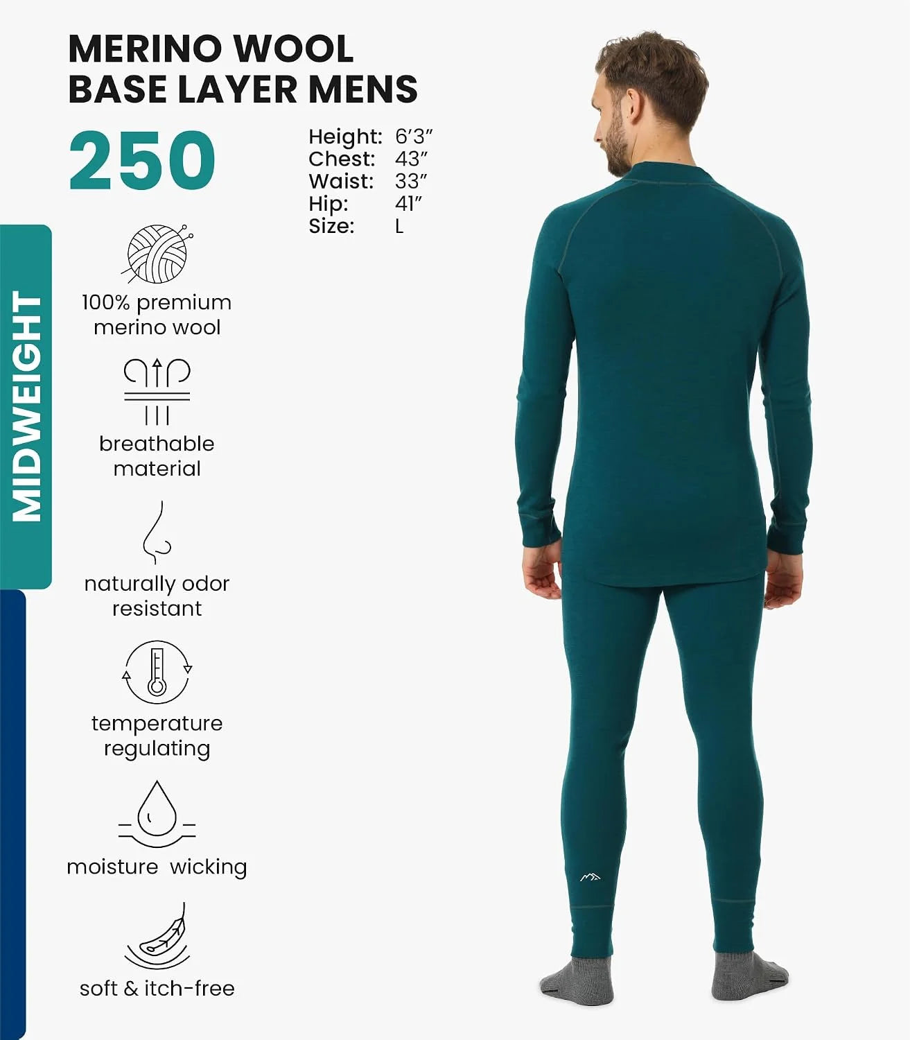 100% Merino Wool Base Layer Men Set - Thermal Underwear for Men Long Johns