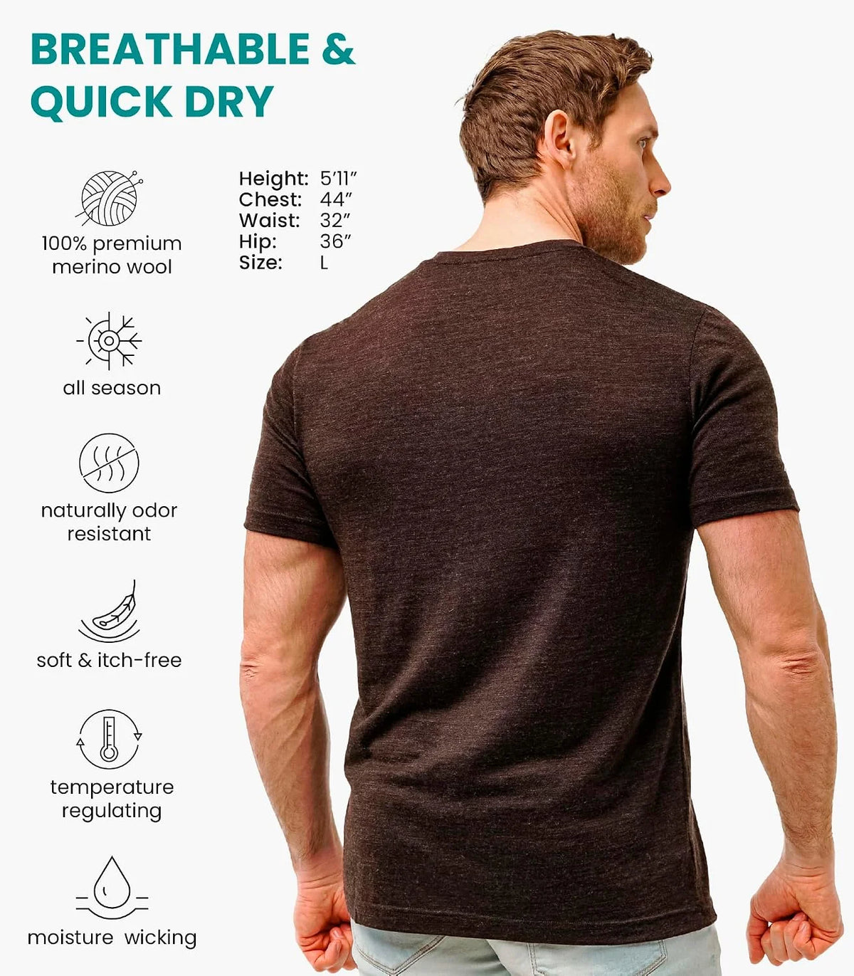 100% Merino Wool T-Shirt Men - Short Sleeve Undershirt Base Layer Top