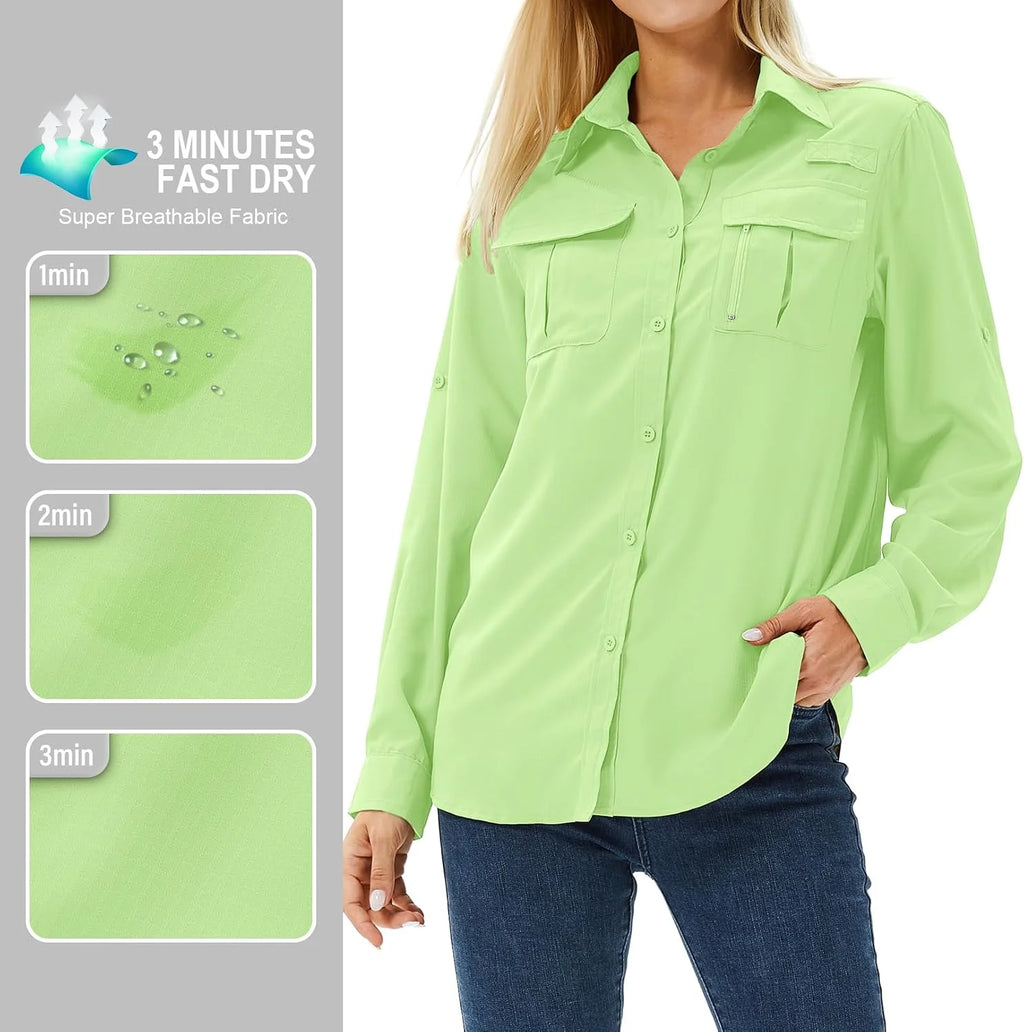 Women's UPF 50 Long Sleeve Sun Protection Safari Fish Hiking Shirts