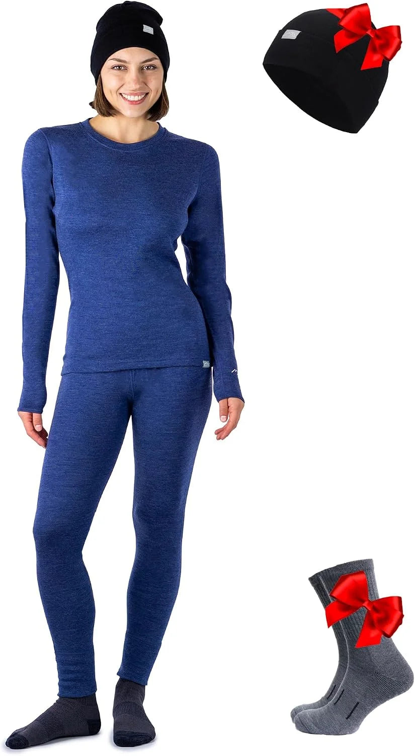 100% Merino Wool Base Layer Women Set - Thermal Underwear Women Top, Bottom | Lightweight, Midweight, Heavyweight Base Layer, Moisture-Wicking, Breathable Active Underwear, Hiking, Skiing, Camping