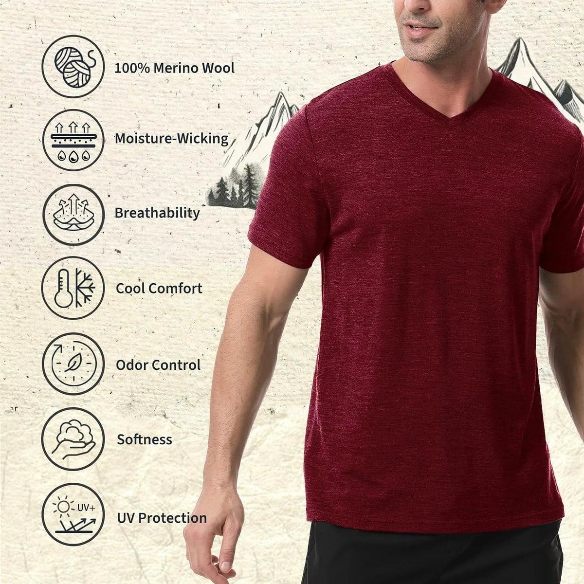 Merino Protect 100% Merino Wool V-Neck T Shirts for Men Odor Resistance Base Layer Hiking Travel T-Shirt Soft Undershirt