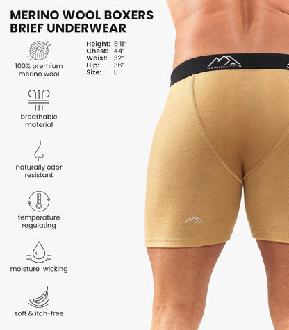 100% Merino Wool Underwear Mens - 1-2 Pack Boxer Briefs for Men 17.5um | Soft, Non-Itchy, Moisture wicking, Breathable 190 GSM Thermal Underwear, Cooling, Odor-Resistant Men's Wool Base Layer