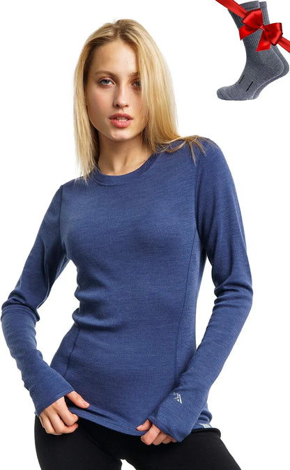 100% Merino Wool Base Layer Women - Long Sleeve Thermal Shirt with Socks