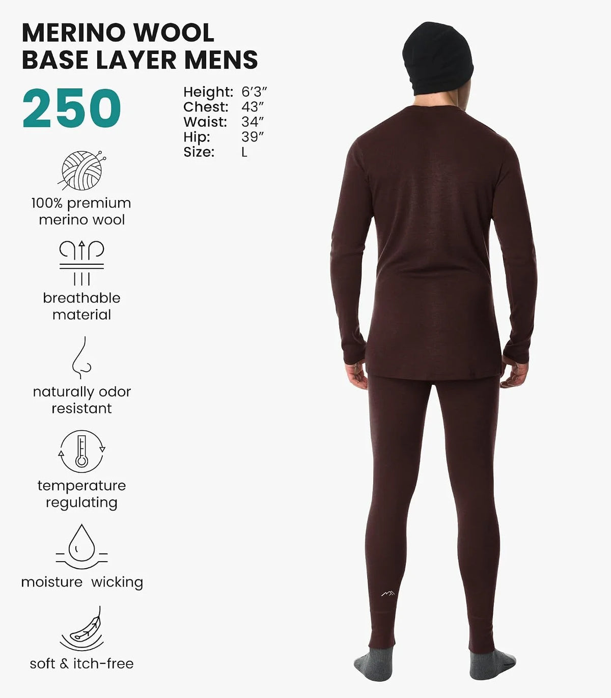 100% Merino Wool Base Layer Men Set - Thermal Underwear for Men Long Johns